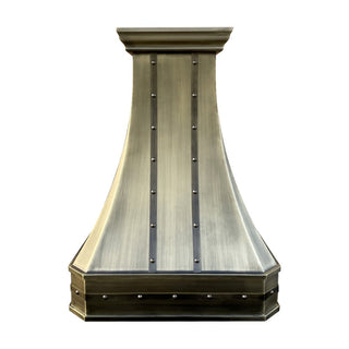 modern antique brass range hood with antique brass straps & rivets