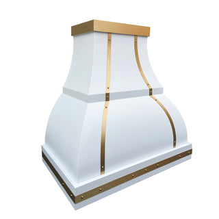 Decorative White Stainless Steel Kitchen Hood with Brushed Brass Straps and Rivets SRH1-2-2TR-W - SINDA