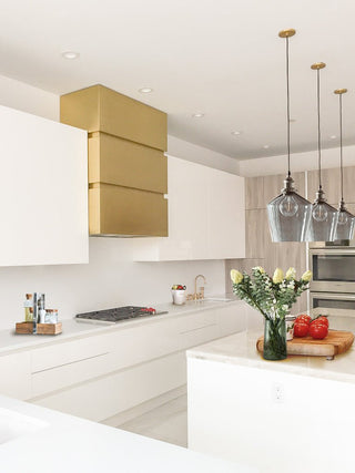 SINDA Brushed Brass Box Shape Range  Hood in a Modern Kitchen