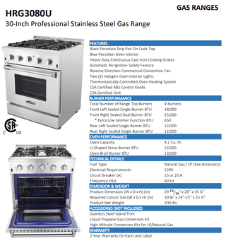 Thor Kitchen HRG3080U 30in Professional Stainless Steel GAS Range